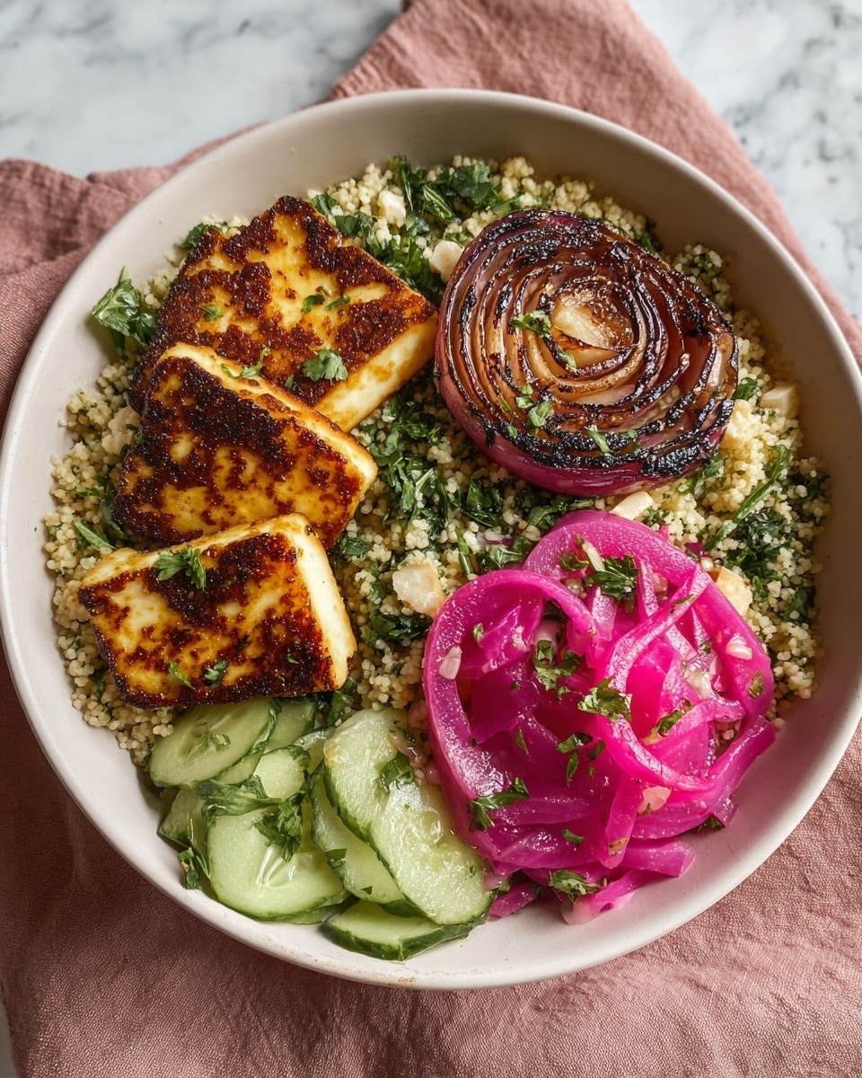 A white bowl holds a colorful dish with four main layers arranged side by side: light beige couscous mixed with green herbs forms the base, topped with golden-brown grilled cheese slices that have a crispy, caramelized surface. To one side, there are bright pink pickled onions with a slightly glossy texture, sprinkled with chopped green herbs. Next to the cheese, there is a perfectly grilled onion slice with dark brown char marks and a tender inside. Fresh cucumber slices with a light green color and some green herbs rest on the couscous near the bottom edge. The bowl sits on a soft dusty pink cloth over a white marbled surface. photo taken with an iphone --ar 4:5 --v 7