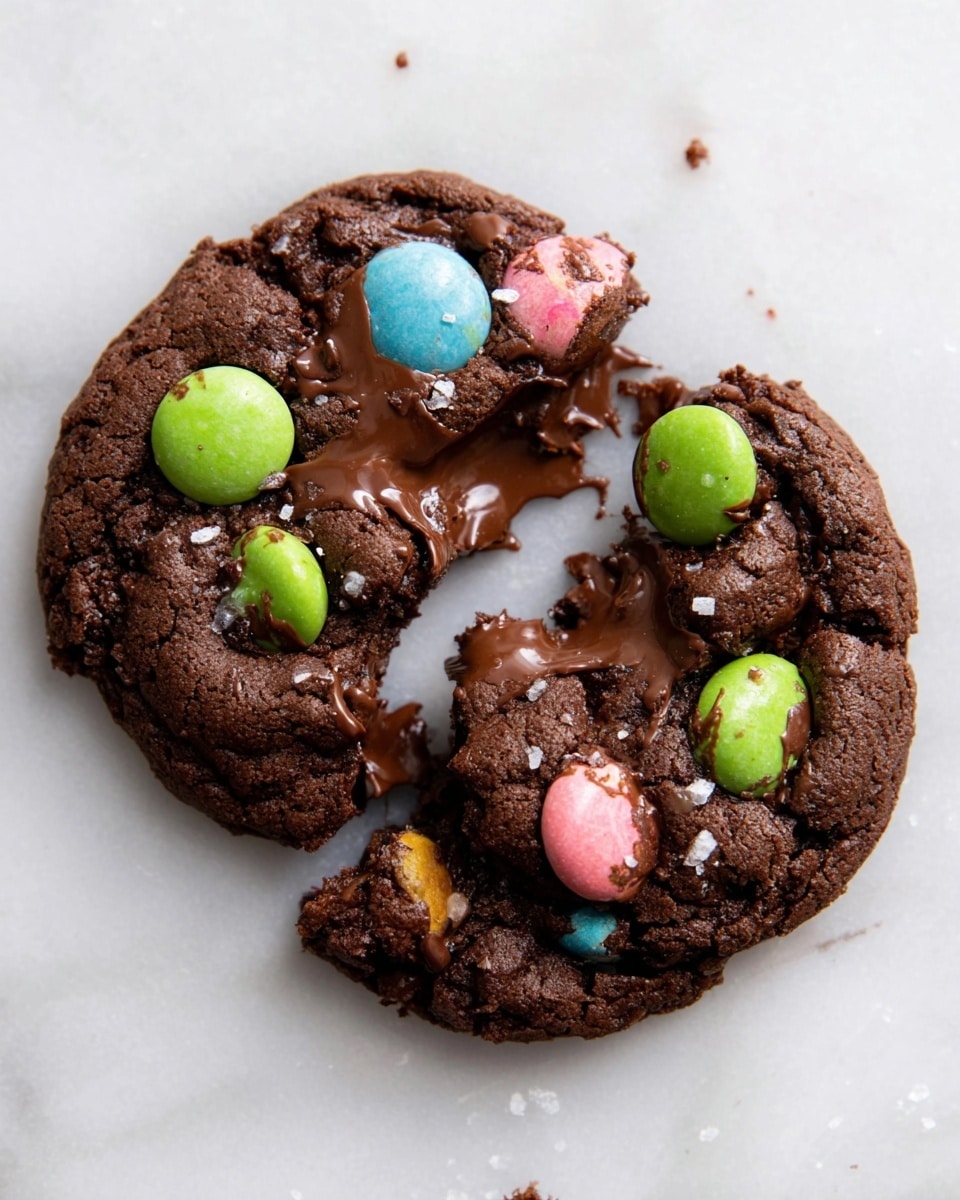 A single thick chocolate cookie broken into two uneven pieces sits on a white marbled surface, revealing gooey melted dark chocolate inside. The cookie is dark brown with a dense texture, and colorful candy-coated chocolate pieces of green, pink, blue, and brown are embedded on top and inside. Small flakes of coarse salt are sprinkled over the cookie, adding sparkle and contrast. The melted chocolate pools slightly around the cracks, showing a rich, soft interior. photo taken with an iphone --ar 4:5 --v 7