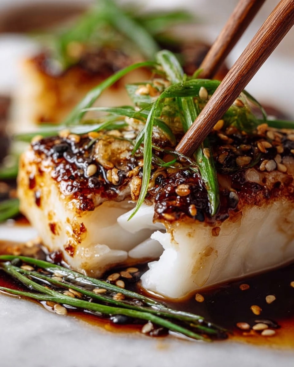 A close-up image of a thick white fish fillet with a dark brown, glossy glaze on top, speckled with toasted sesame seeds. The fish looks moist and tender with a slight char on the edges. On top of the glaze are thin green onion slices and some long green herb leaves arranged across the fillet. A pair of wooden chopsticks held by a woman's hand is lifting a piece of the fish, showing its flaky white interior. The dish is placed on a white plate over a white marbled surface. photo taken with an iphone --ar 4:5 --v 7